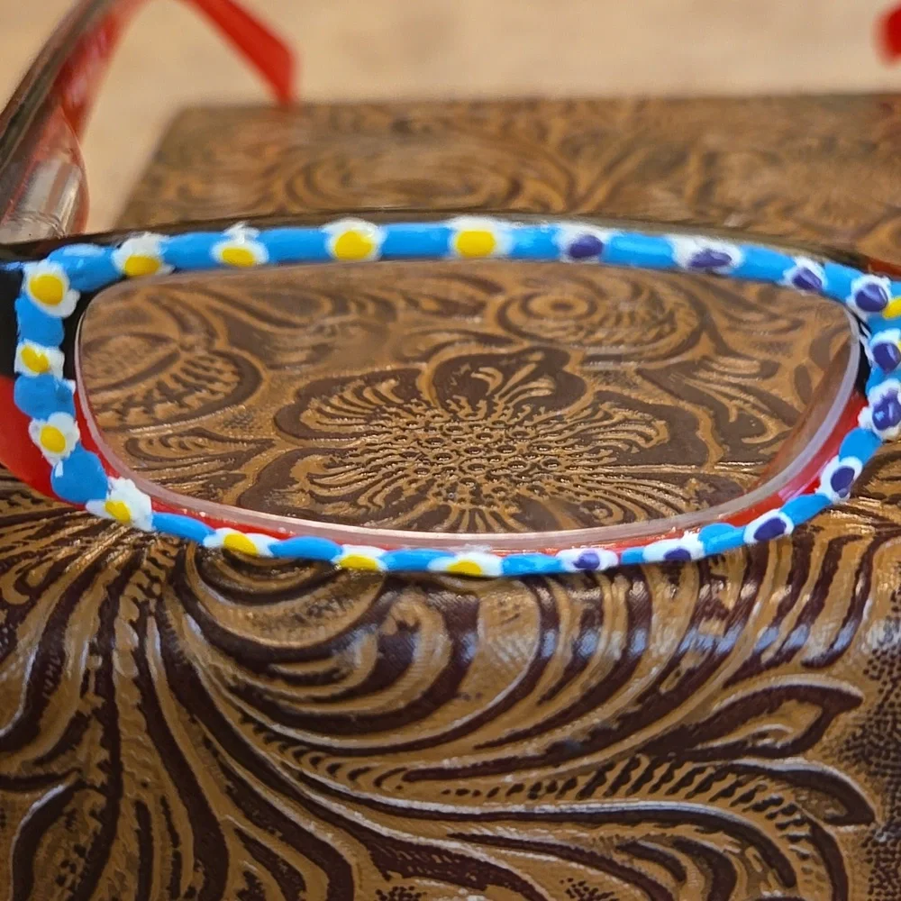 Hand Painted +1.25 Reading Glasses, rectangular shape with soft sleeve Case